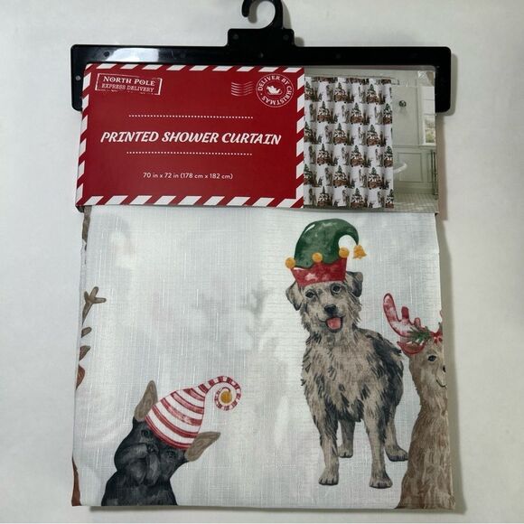 Other - New North Pole Printed Shower Curtain, Christmas, Santa Hat Pickup Trees Dogs